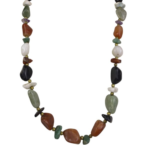 Multicolor Semi-Precious Gemstone Bead Necklace With Brass Accents Handmade OS - Picture 3 of 4